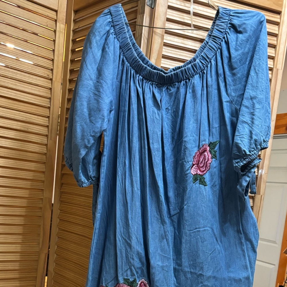 Blue Off-Shoulder Dress with Floral Embroidery